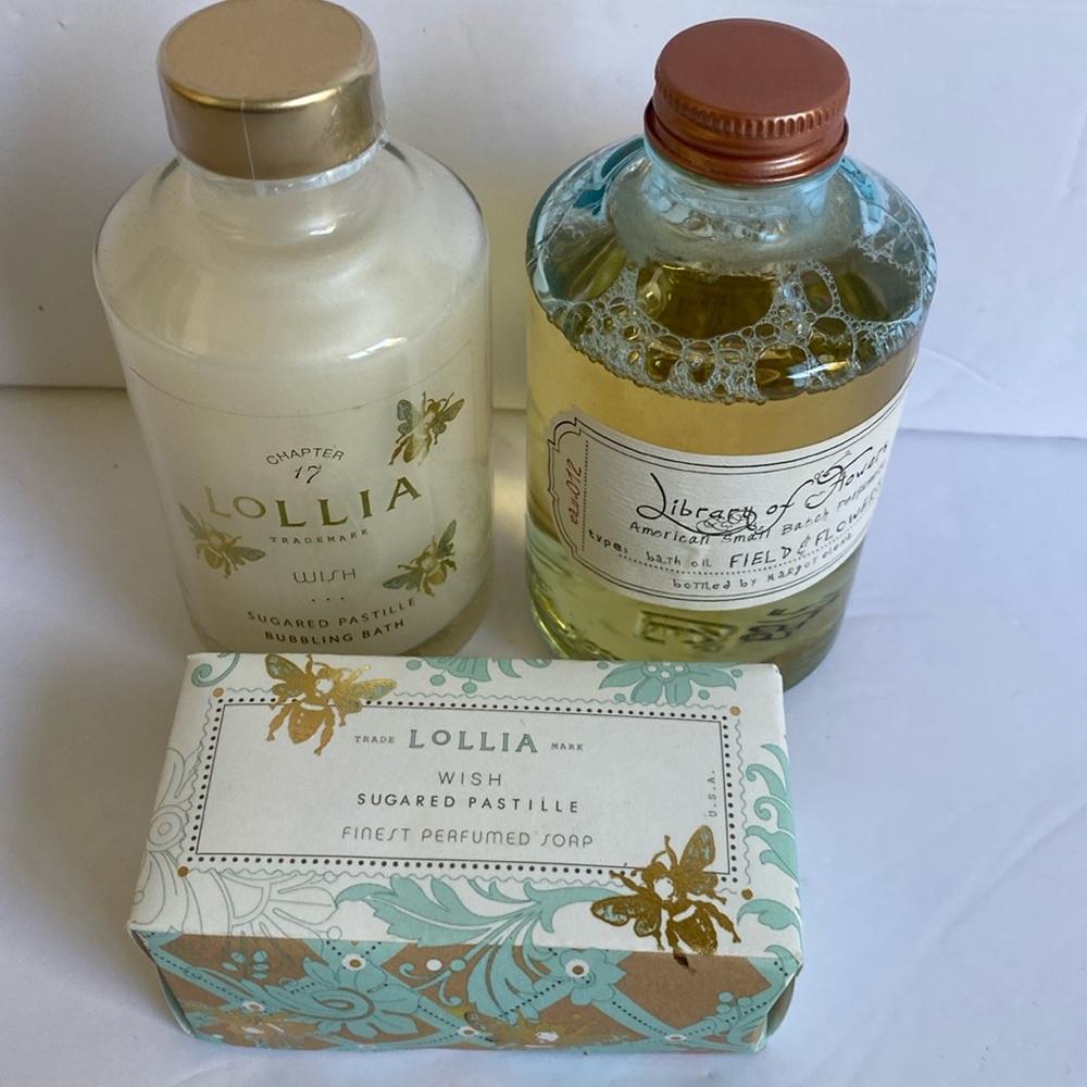 Margot Elena soap, bubbling bath, and perfume
